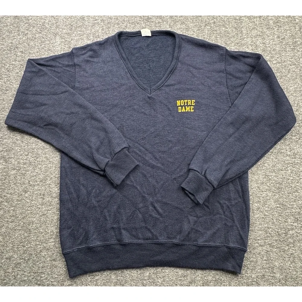 VTG '80s Champion Blue Notre Dame FMen's V Neck Sweater Sz‎ M USA Preppy Ivy